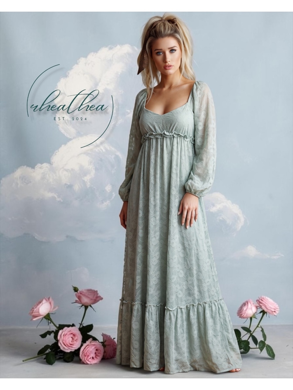 Rhea & Thea Sage Green Full Lace Maxi Dress